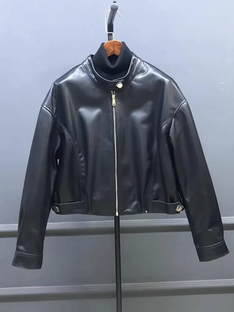 Giacca da donna in vera pelle di pecora vestibilità ampia autunno stile fidanzato con cerniera colletto alla coreana cappotto da motociclista giacche casual