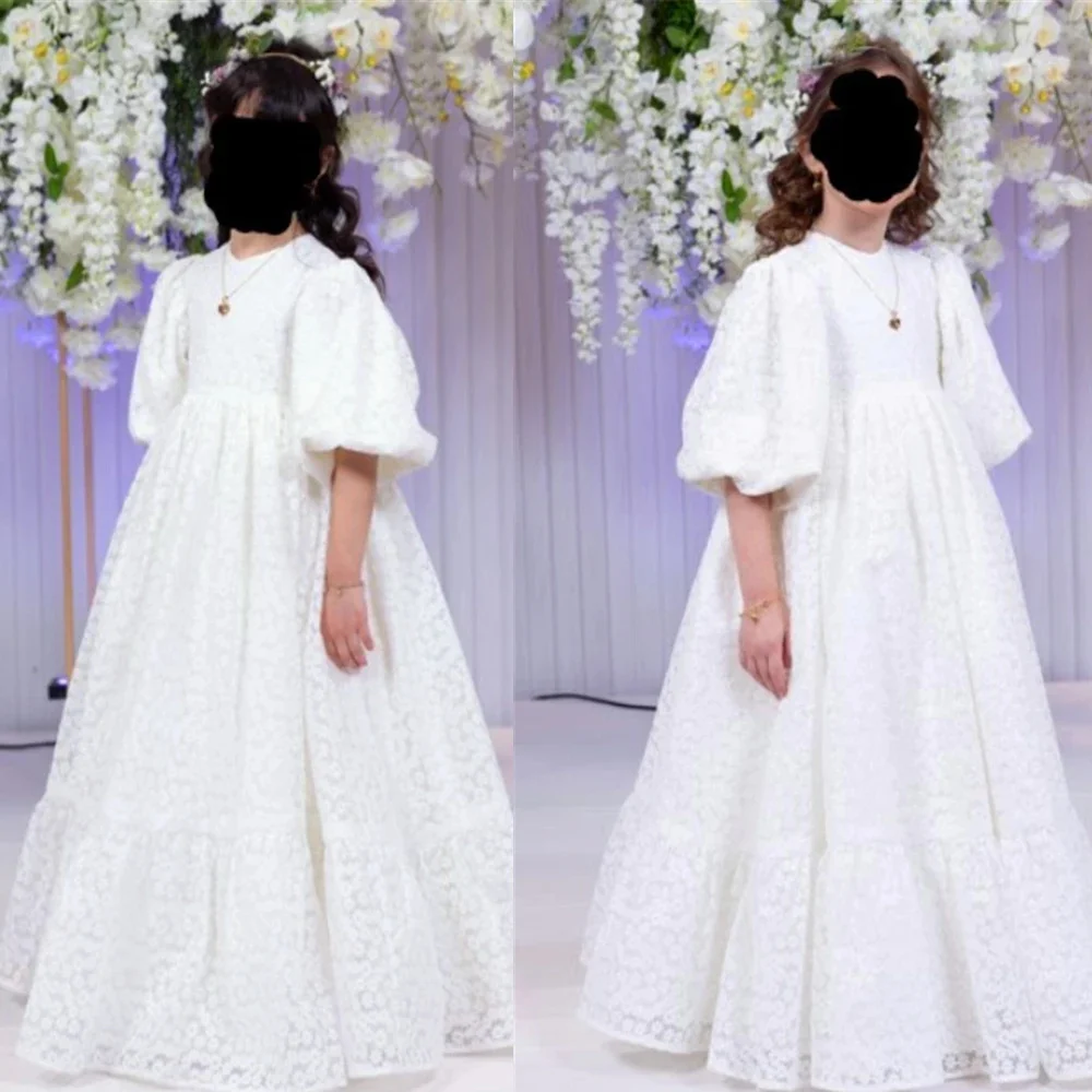 

Classic Flower Girl Dresses for Wedding Custom Balloon Sleeve Milk Lace Kids Birthday Party Skirts First Communion Dress