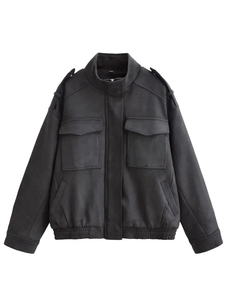 

HipSeam Suede Leather Jacket with Zipper Autumn Casual Vintage Stand Collar Pockets Woman Short Coats Female Tops