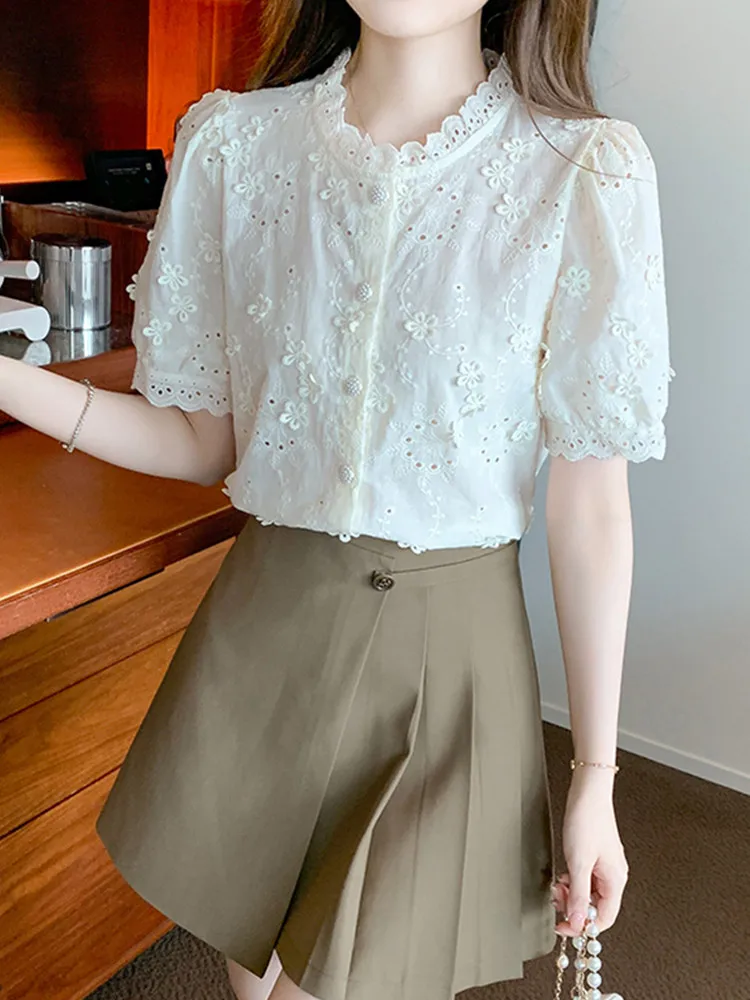 SMTHMA New Arrival French Sweet Short Sleeve Lace Embroidery Flower Shirt For Women Summer Single Breasted Top Female Clothing