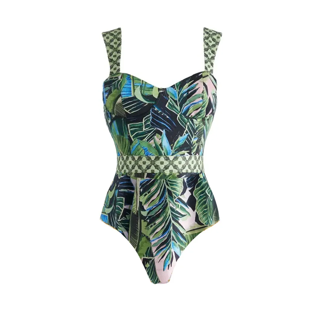 One-piece Women Floral Printed Swimwears Vintage Swimsuit Set Beach Dress Vacation Style Wear Maxi  Skirt