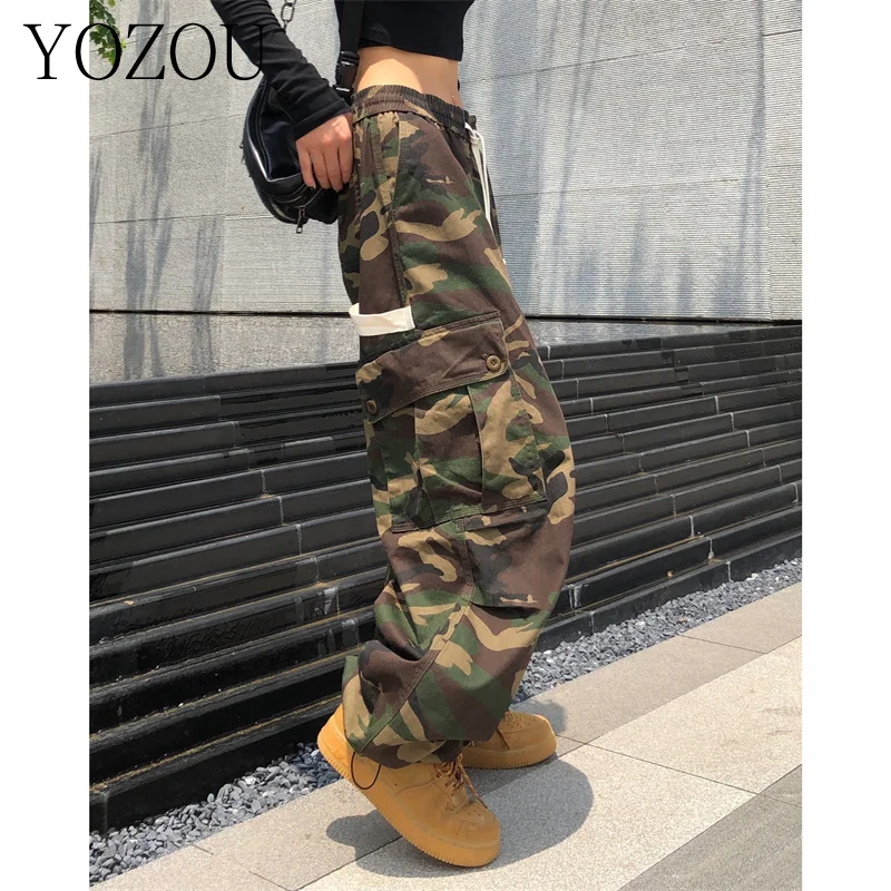 [YOZOU] Cotton Gorpcore Baggy Camo Cargo Pants Oversize Black Beige Green Wide Leg Trousers Pockets Women Streetwear Bottoms