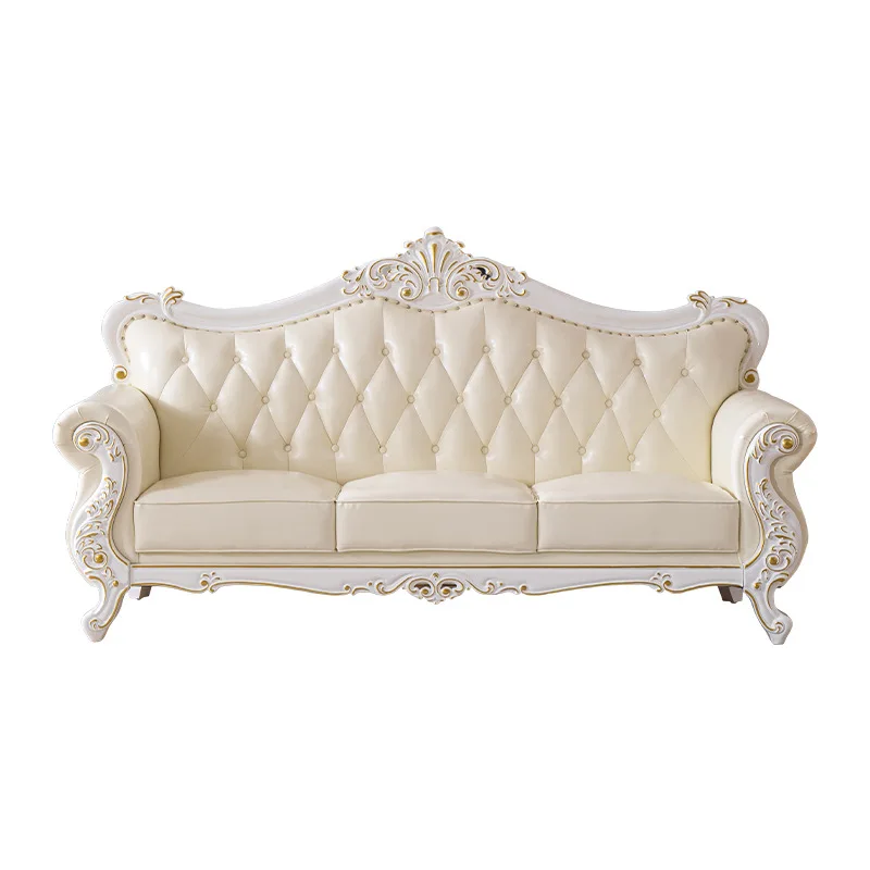 European leather sofa living room luxury small apartment combination sofa first layer cowhide full solid wood carving flower