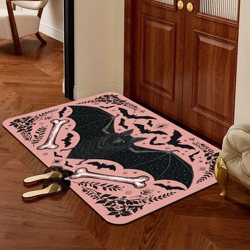 Two D Flat Pink Bat Skeleton Gothic Flannel Door Mat Non Slip Spooky Cute Entryway Rug For Halloween Home Decor