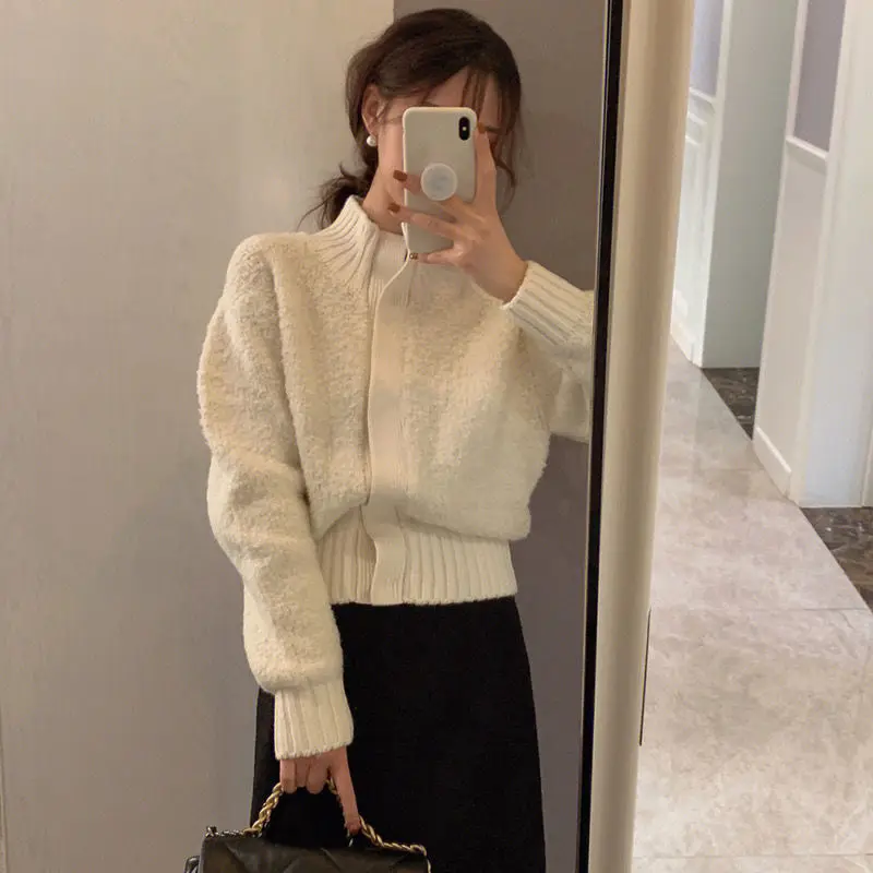 Turtleneck White Knitting Cardigan Coat Women Autumn Winter Simplicity Office Lady Sweater Casual Loose All-match Knitwear Tops