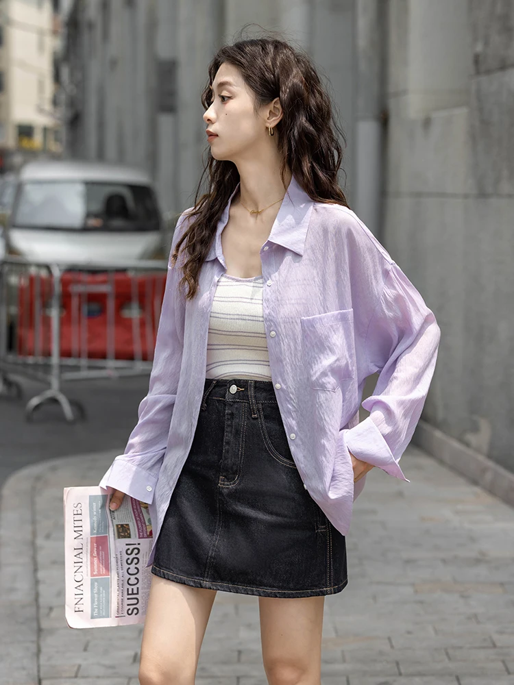 

Свободный длинный фиолетовый кардиган с длинными рукавами, летняя коллекция 2025, в корейском стиле, повседневная легкая верхняя одежда, защита от солнца, для женщин