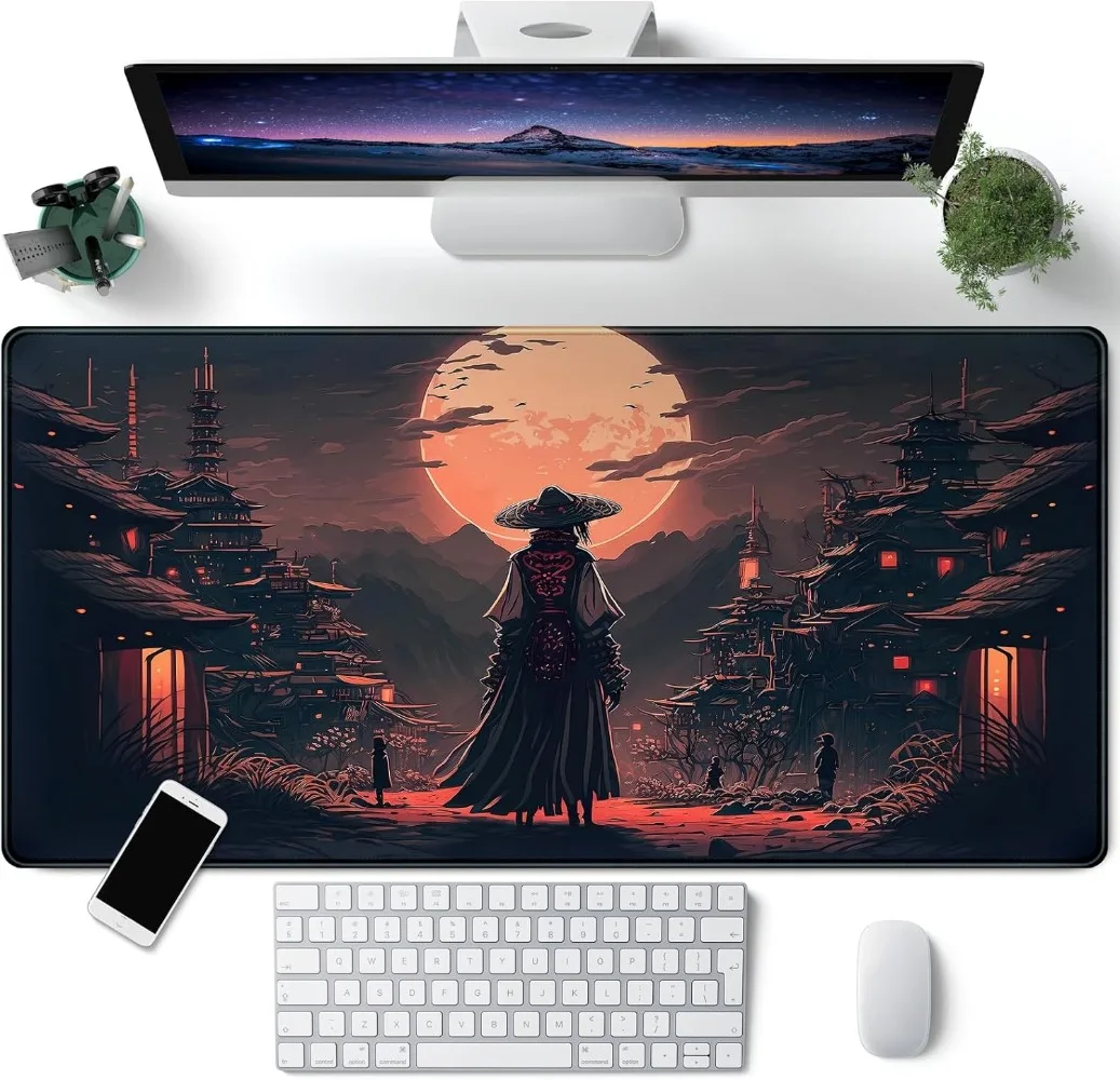 Tapete Escritorio Extragrande Para Mouse, Videojuegos, diseño estético Samurai Bajo La Luz La Luna, Teclado Computadora