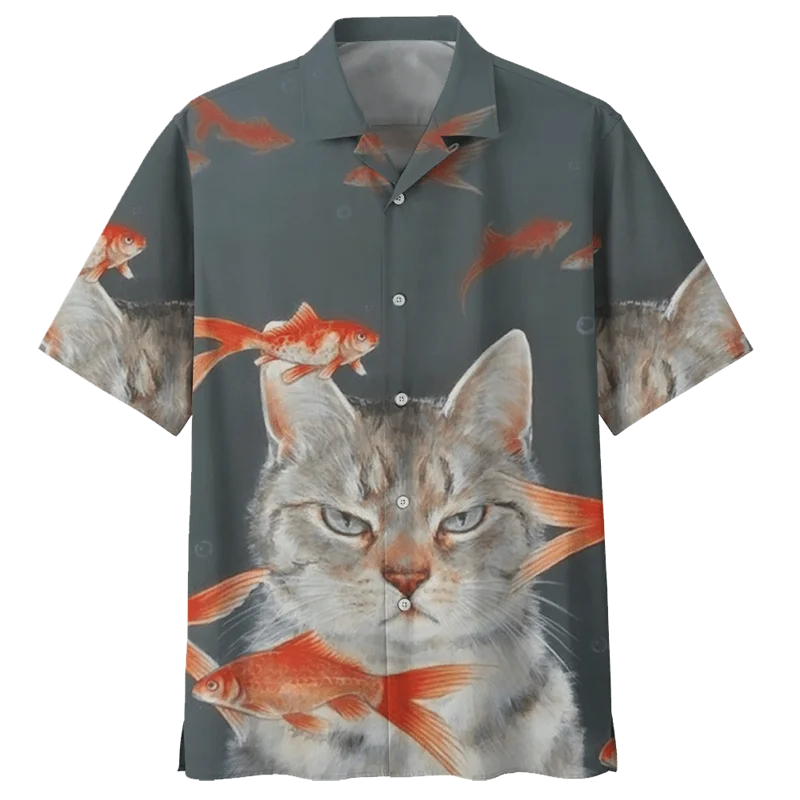 Summer Funny Animal Cat 3D Print Shirts Men Fashion Shirt Casual Y2k Vintage Streetwear Short Sleeve Shirt Blouse Man Clothing