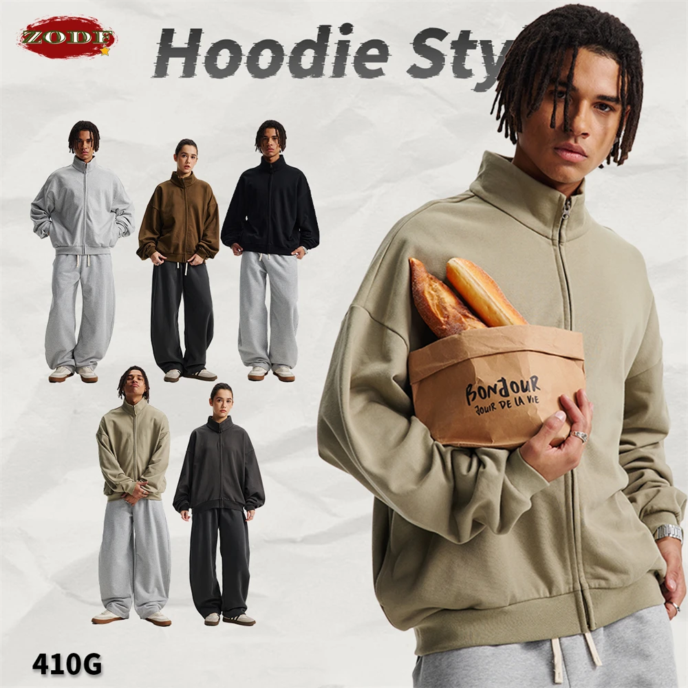 

ZODF мода 2025 зимние мужские флисовые толстовки на молнии 410 г/м2 унисекс тяжелые теплые пальто на молнии с воротником-стойкой HY1128