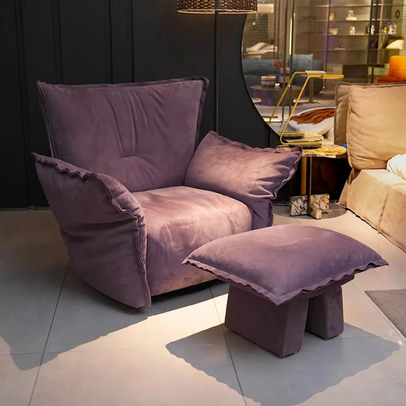 Modern suede swivel chair with ottoman upholstered single sofa armchair, suitable for living room and bedroom