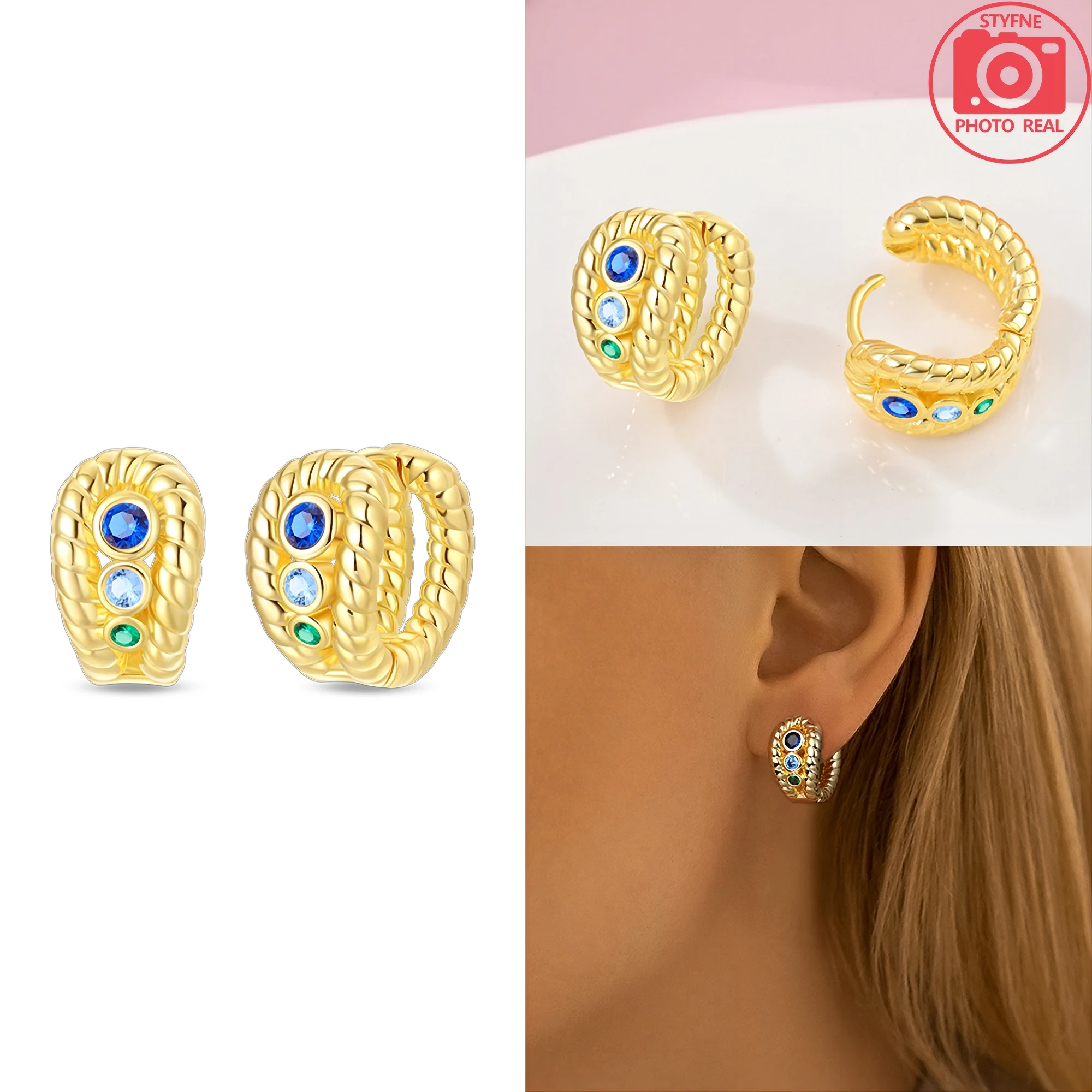 Unique 925 Sterling Silver Set Pavé Double Round K Gold Earrings For Women\'s Birthday Exquisite Jewelry Gift