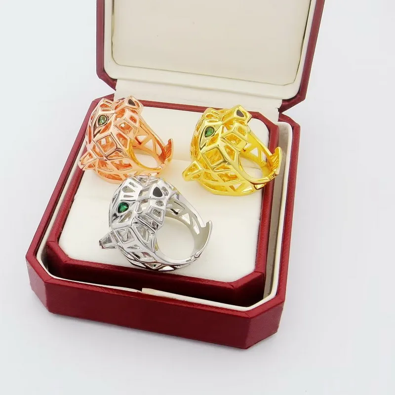 Designer Collection Style Ring Men Women Lady Hollow Out Plated Gold Color Green Eyes Leopard Panther Rings