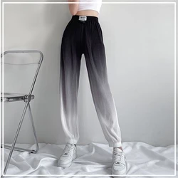 Calça esportiva feminina de cintura alta, casual, solta, mais grande, estampa gradiente, gota, seda gelada, moda verão, 2024