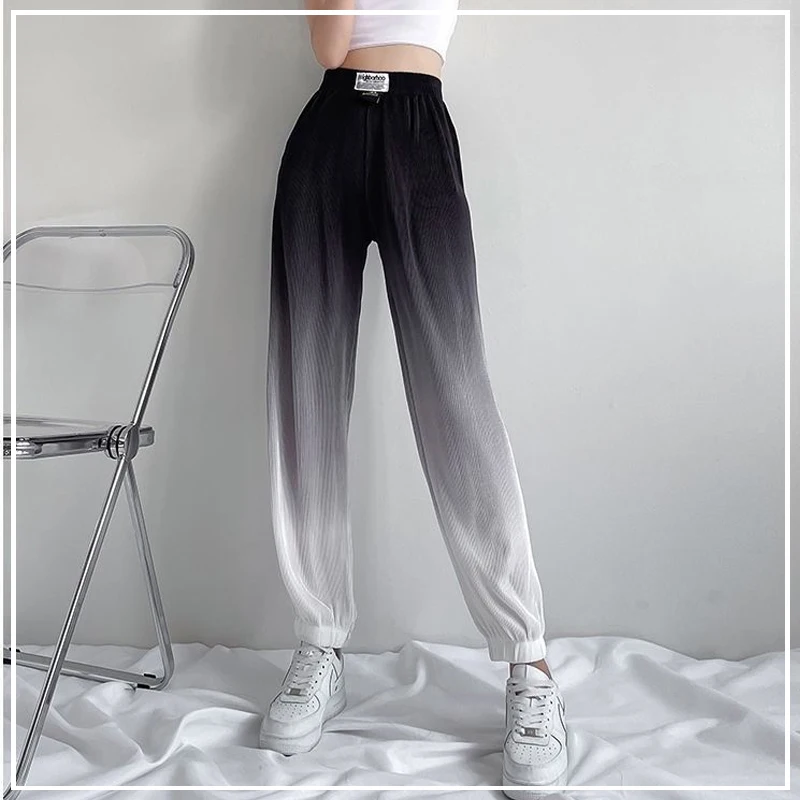 2024 Summer Casual Loose Plus Oversize Fashion High Waist Tie Dye Gradient Print Drop Ice Silk Tie Feet Sports Pants for Women