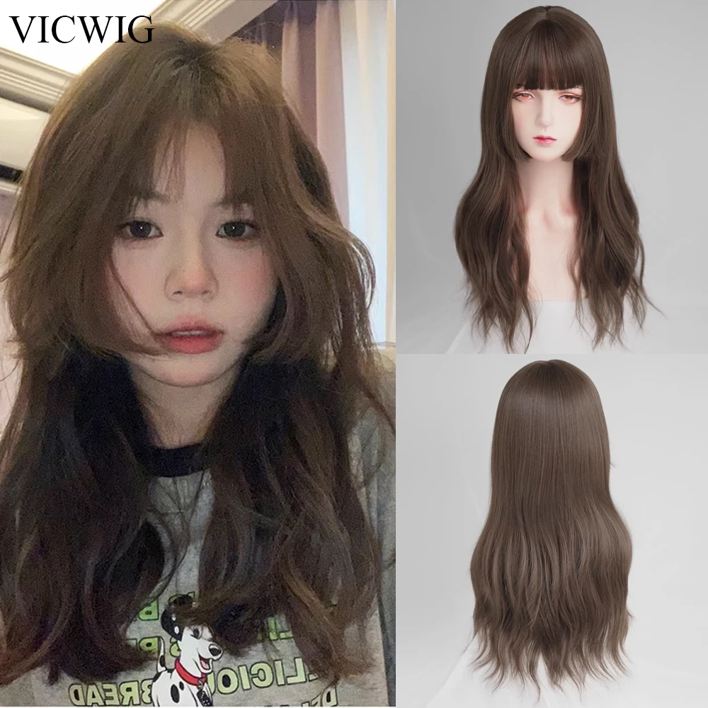 

VICWIG Synthetic Long Straight Wavy Brown Wigs with Bangs Lolita Cosplay Women Natural Hair Wig for Daily Party