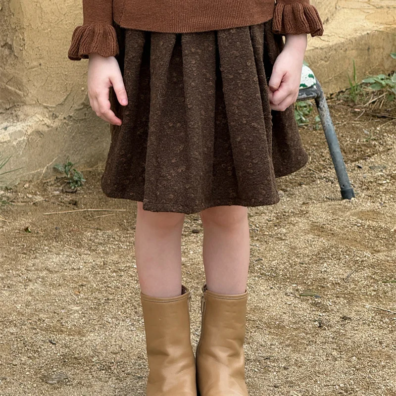 

Плиссированная юбка для девочек, осень-зима 2024, жаккардовая шерстяная юбка в горошек для девочек, плиссированная шерстяная юбка для девочек