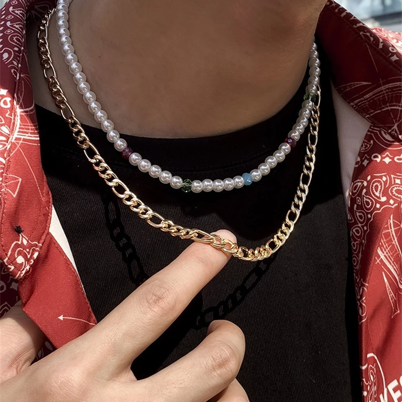 New Men's 2026 Faux Pearl Metal Necklace Trendy Chinese Design Insstyle Necklace High Street Hip Hop Accessories EURA