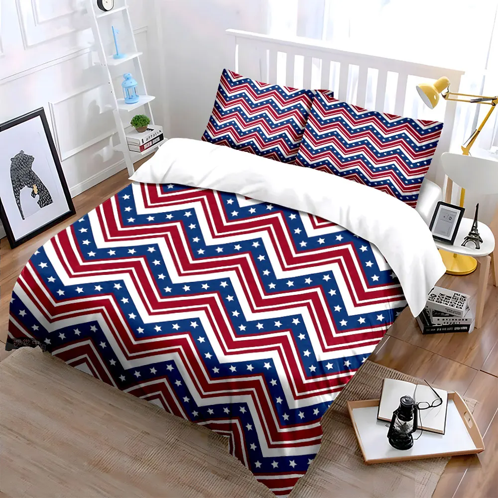 Zigzag Pattern with Stars and Stripes Duvet Cover Set with 3D Printing Design Soft Polyester Bedding Set All-Season Comfort