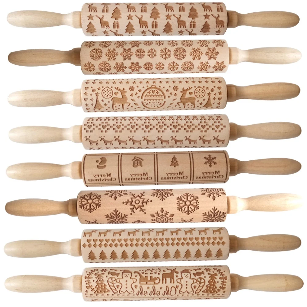 Wooden Rolling Pin for Baking Engraved Embossing Rolling Pin with Christmas Snowflake Flower Design for Xmas Cookies Decor