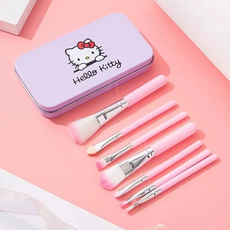 Kawaii Hello Kittys Makeup Brush Set of 7 Makeup Brushes Iron Box Style Cartoon Beauty Tools Girl Birthday Present