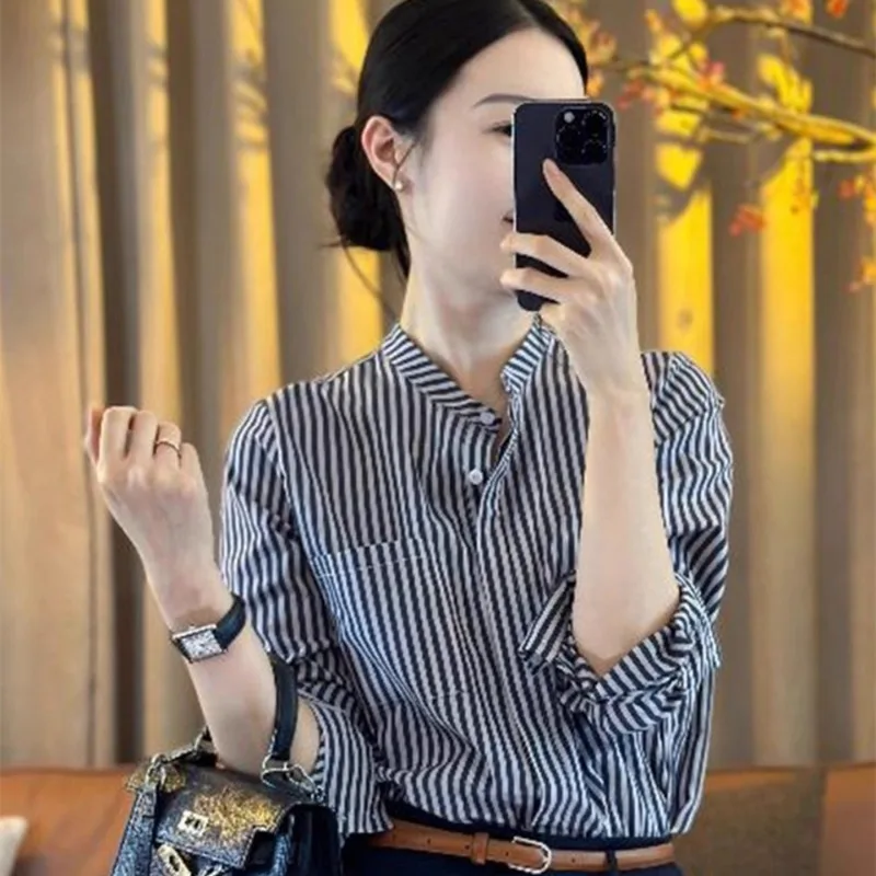 

Винтажные женские блузки, полосатые рубашки, модные свободные весенне-летние повседневные костюмы с карманами, корейские женские топы с длинными рукавами