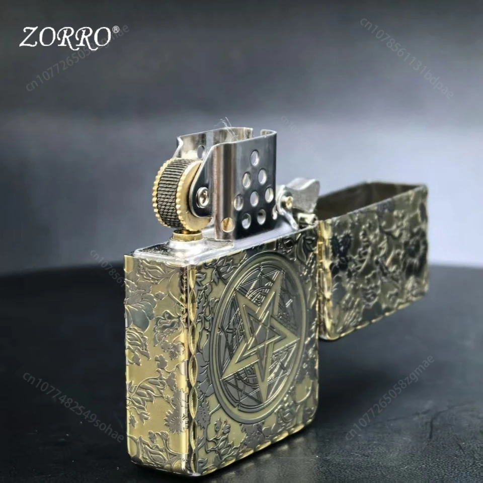 ZORRO 910S Brass Kerosines Lighter, Armor Design with Lucky Inlay