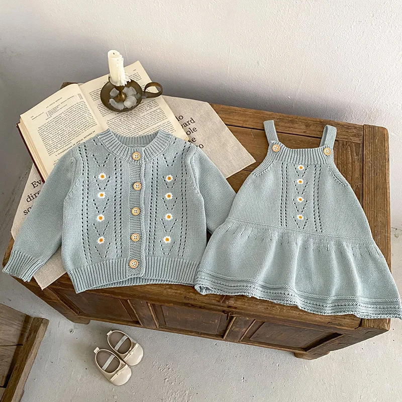 2024 New Spring Newborn Baby Girls Clothing Set Long Sleeved Knitted Cardigan+Jumpsuit Infant Baby Girls Knitted Clothing Suit