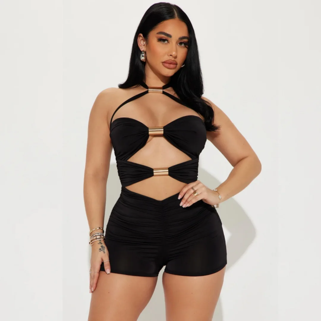 Hollow Out Metal Ring Sexy Vacation Jumpsuit Streetwear Playsuit Mujer One Piece Bodysuit Women Fashion Romper Y2K