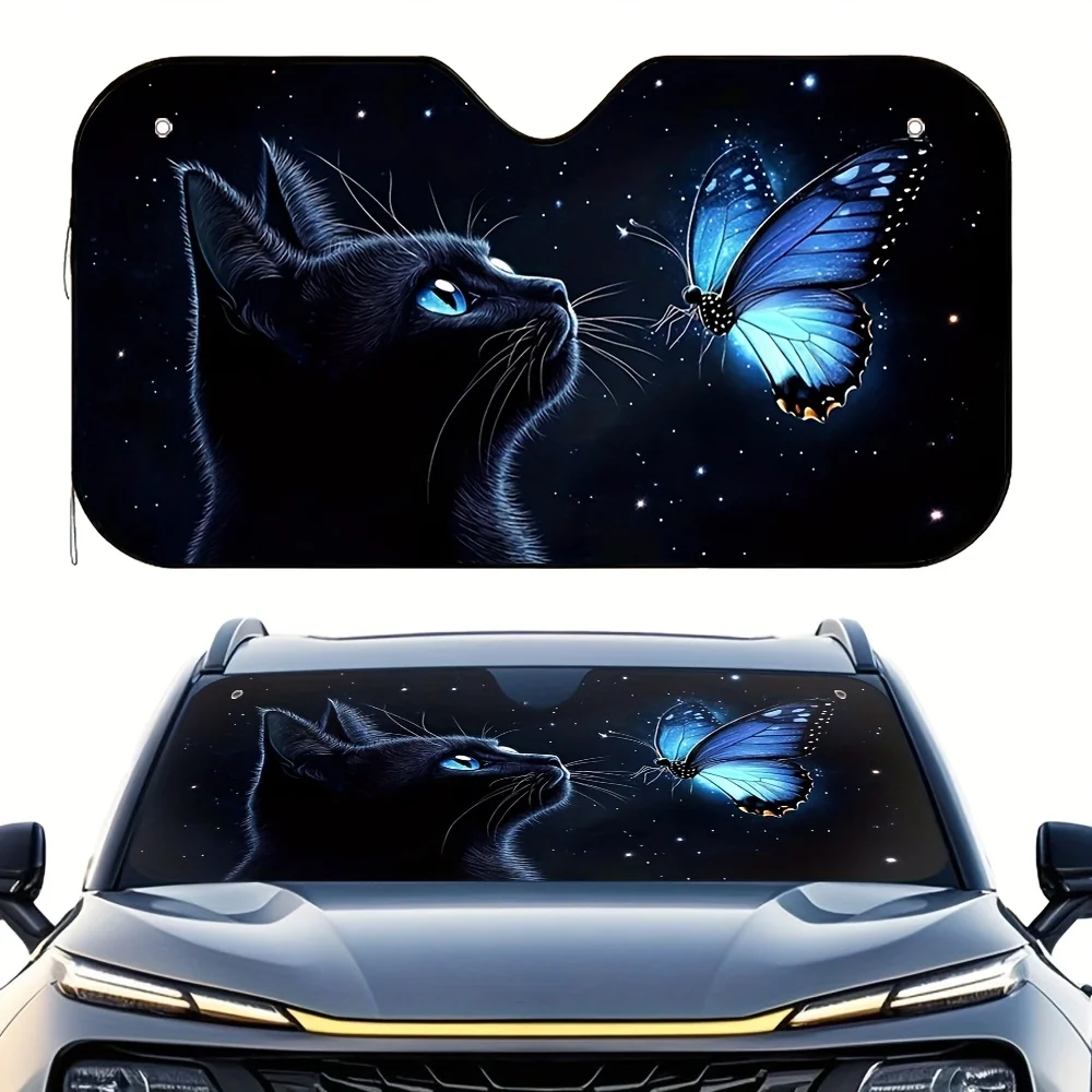 

1pc Cosmic Cat & Butterfly Car Sun Visor - Fit Glowing Blue Eyes Starry Night Design, Reduces Intense Sunlight Glare, Durable Ca