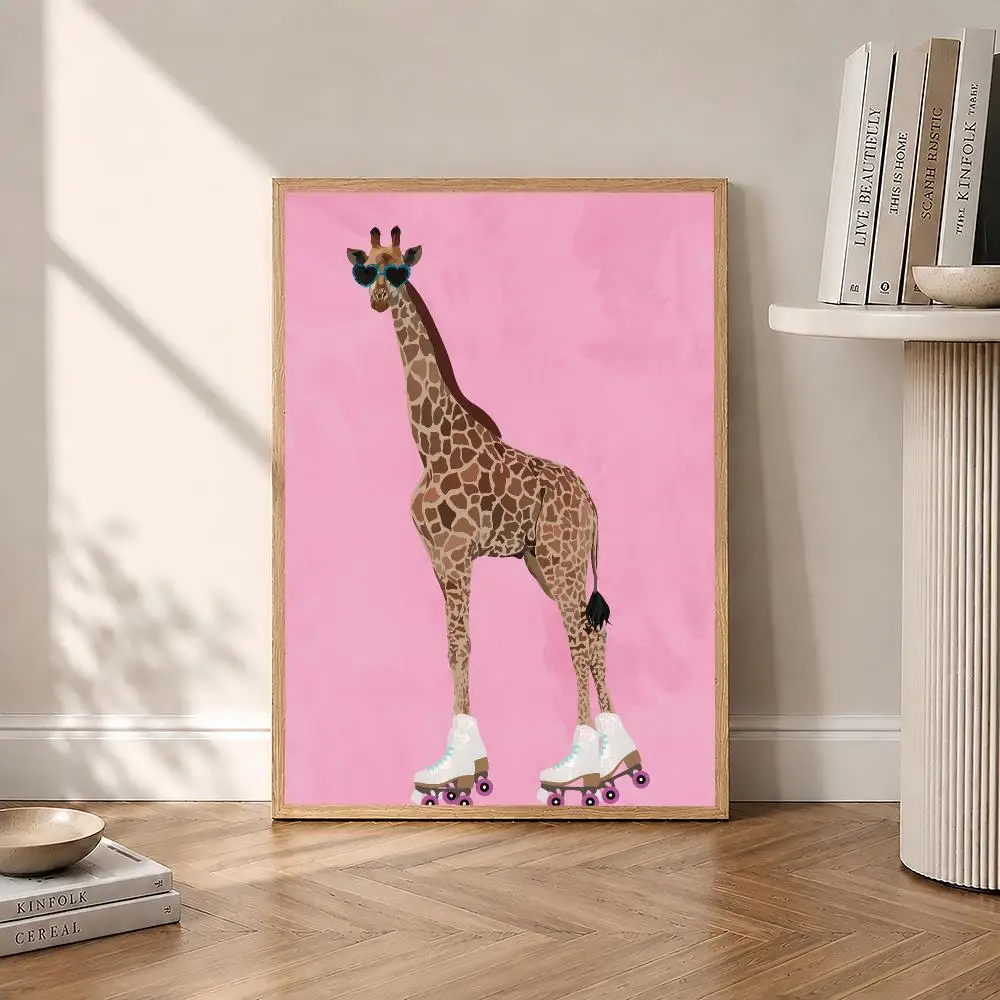 Sarah Manovski Cool Giraffe HD Wall Art Poster Roller Skates Funny Animal Retro Colorful Living Room Home Decor Gift