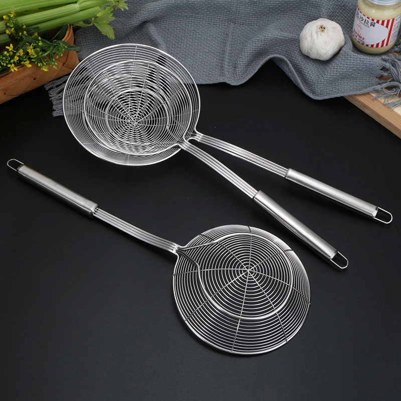 Colador de acero inoxidable con mango largo, fideos grandes, olla caliente, filtro de aceite de soja, cuchara, tamiz de harina, colador de alimentos, herramientas de cocina
