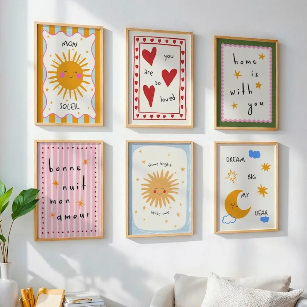 6pcs frameless Canvas Painting 6PCS Pastel Positive Quote Canvas Wall Art Set of 6, French Sun Moon Love Print, Aesthetic Home D