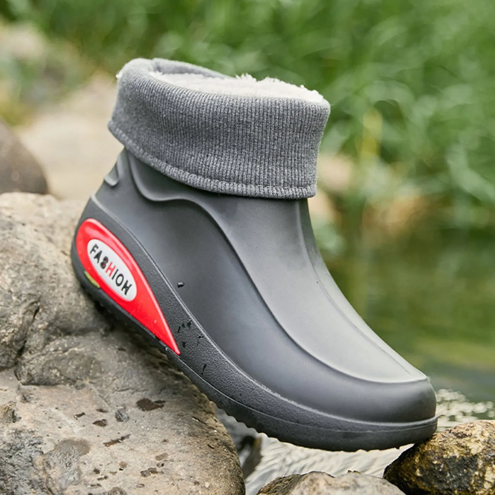 New Short Tube Men's Stylish Winter Outdoor Warm Velvet Rainboots Waterproof Anti-Slip Work Shoes Kitchen Fishing Water Shoes image 3