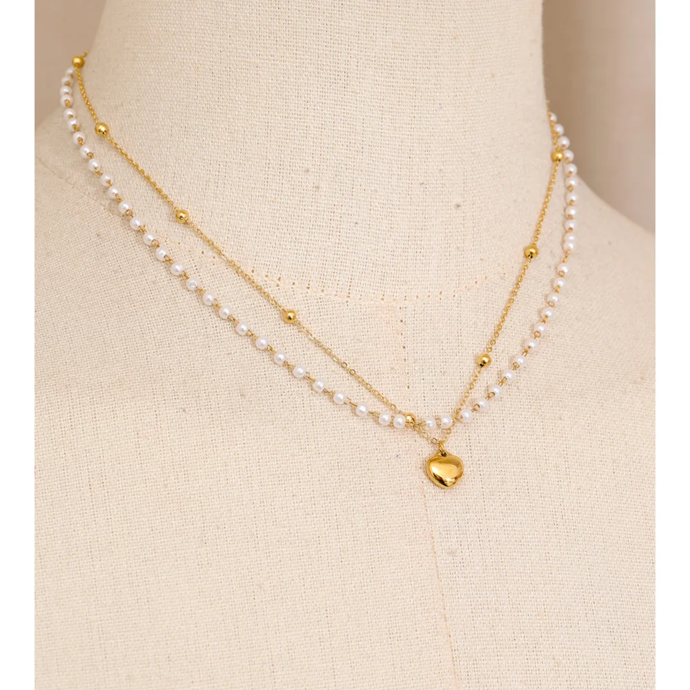 Yhpup Simulated Pearls Double Layer Chain Heart Drop Overlay Necklace for Women Stainless Steel Trendy Fashion Chic Jewelry