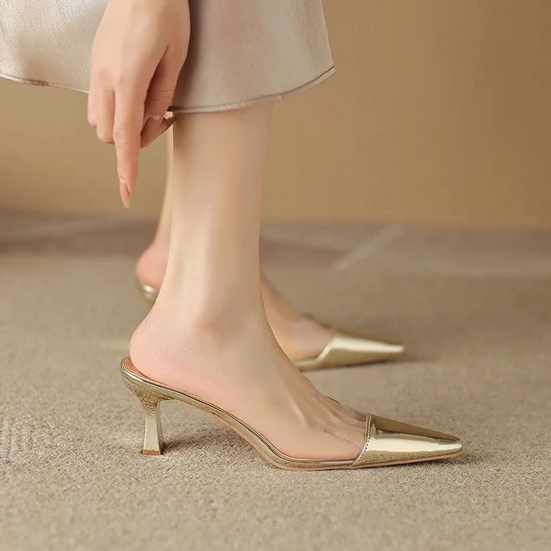 Slides Gold Sandals Fashion Shoes for Women Sexy Pointed Toe Woman Slippers New Natural Skin Chic and Elegant 39 Pvc on Offer