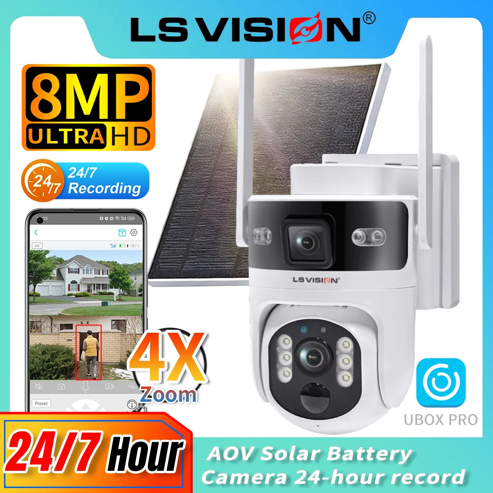 

LS VISION 8MP Dual Screens AOV 4G/ Wifi Security Camera Solar Outdoor 7/24 Hours Recording WIFI Surveillance Camera CCTV UboxPro