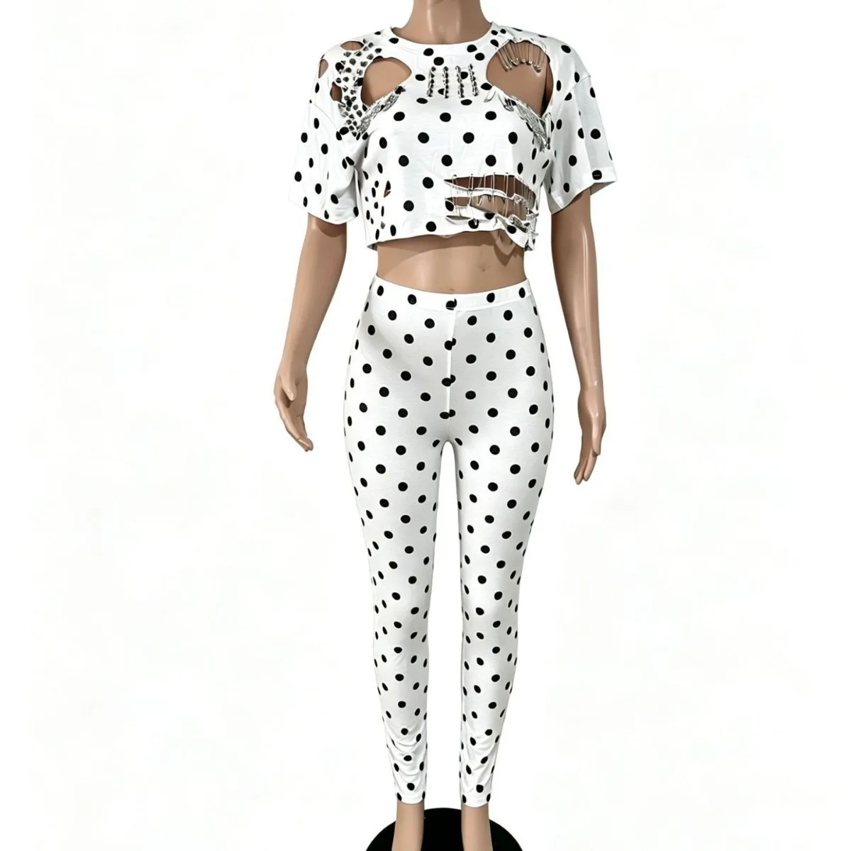 

Sexy Y2K Chic Polka Dot Women 2 Piece Sets 2026 Fashion Irregular Cutout Metal Pin Short Sleeve Crop Top and Legging Pant Outfit