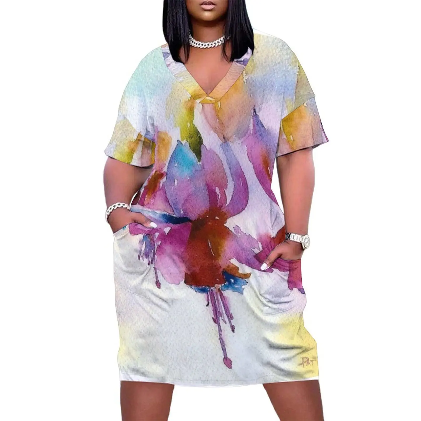 Dancing Fuchsias Watercolor Loose Pocket Dress dress dresses evening dresses women Woman dresses