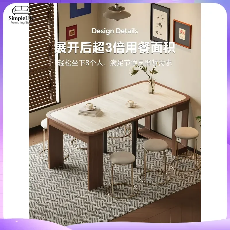 Solid Wood Dining Table Retractable Folding Rock Slab Top Antique Style Small Apartment Living Room Furniture Set 2026 New