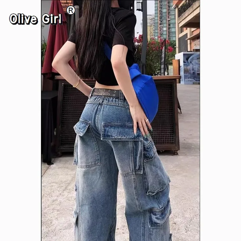 Olivegirl American Denim Jeans Women's Pants Big Pocket Tooling Spring Straight-leg Trousers High Waist Pants Wide-leg