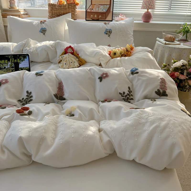 3/4Pcs Princess Style Cartoon Towel Embroidery Bedding Set Single Queen King Size Duvet Cover Set Bed Sheet Pillowcases