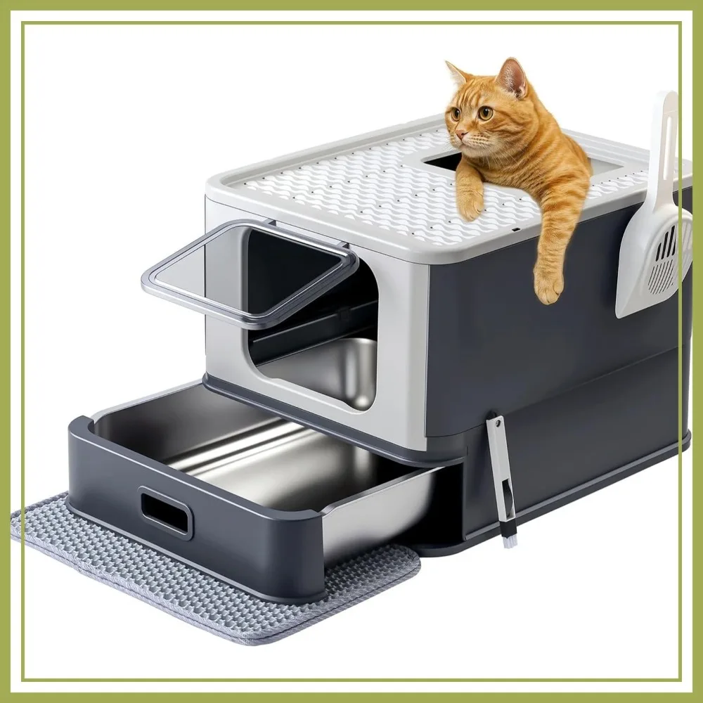

Stainless Steel Cat Litter Box with Lid & Drawer, Adjustable Front/Top Entry, Large Metal Covered with Scoop & Mat, Dark Gray