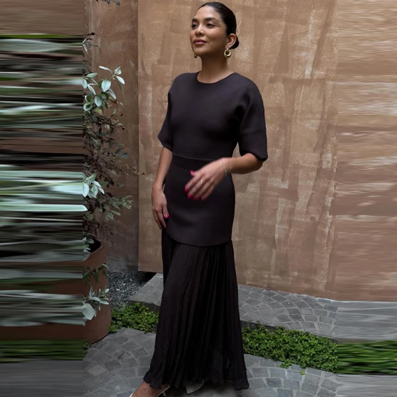 HXAO Womens Dresses Brown Pleated Dress Summer 2025 Elegant Knitted Short Sleeve Vestidos Chic Patchwork O-Neck Vacation Dresses - Image 5