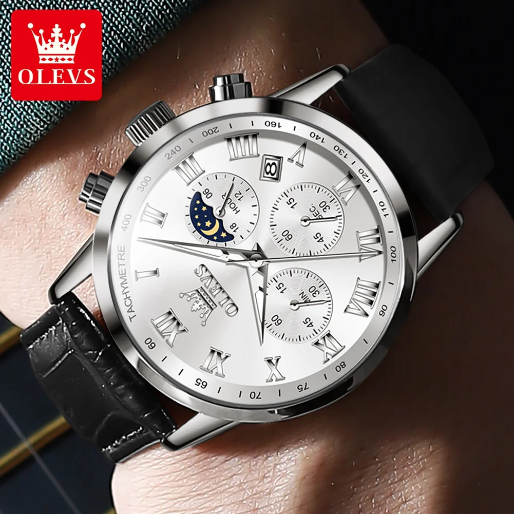 OLEVS Multi-funtion Quartz Watch for Men Chronograph Moon Phase Leather Strap Waterproof Date Clock Man Wristwatch Original 5529