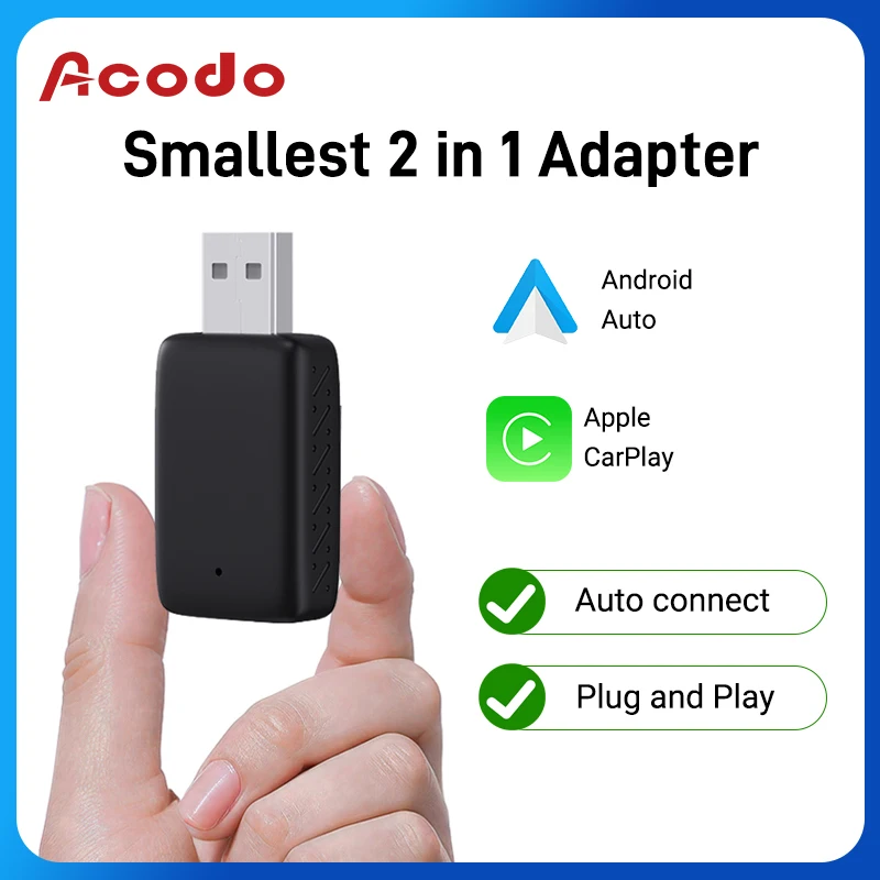 Mini adaptador Acodo 2 en 1 Carplay y Android Auto inalámbrico con cable 5,8 GHz WiFi Plug and Play para coche 99% original con CarPlay con cable