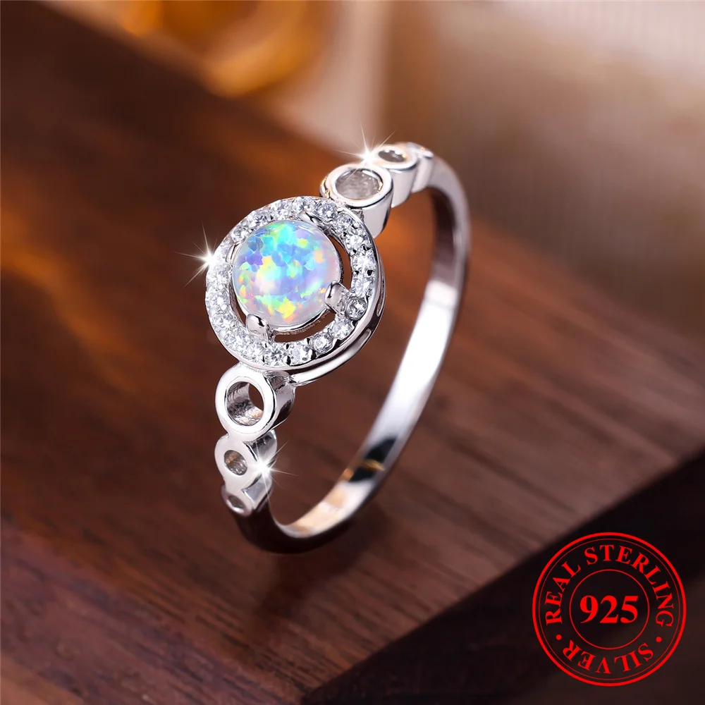 Cute Female Natural White Fire Opal Stone Round Ring Real 925 Sterling Silver Wedding Jewelry For Women