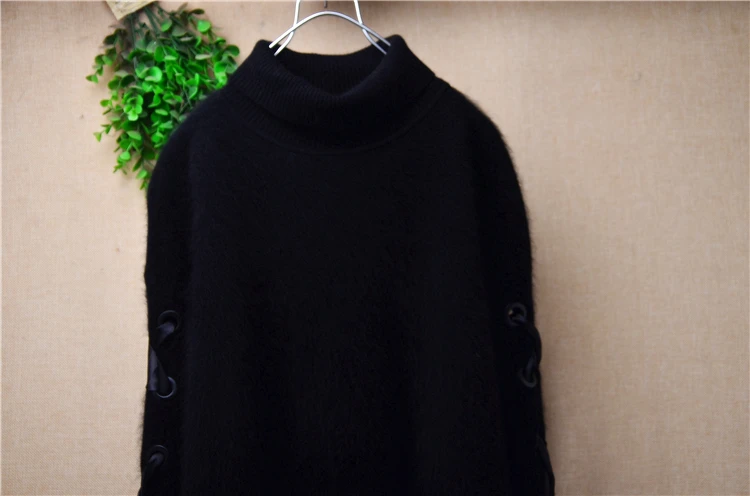 Elegant Fashion Ladies Women Hairy Black Angora Rabbit Hair Knitted Mock Neck Tied Sleeves Loose Pullover Sweater Jumper Pull