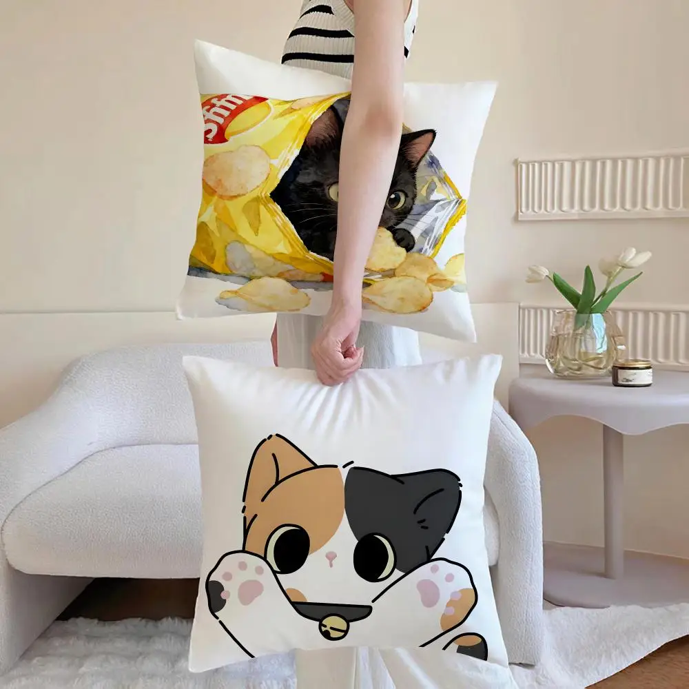 animal illustration C-Cute Cat Cushion Cover Washable Faux Linen Cover Modern Lightweight for Living Room Sofa