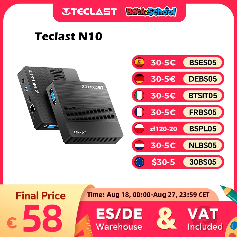 TECLAST N10 Mini PC, Intel N4000, 6 GB di RAM, 128 GB di ROM, espansione SSD M.2, Windows 11 Pro, USB3.2x3, VGA, BT4.2, 250 g leggero