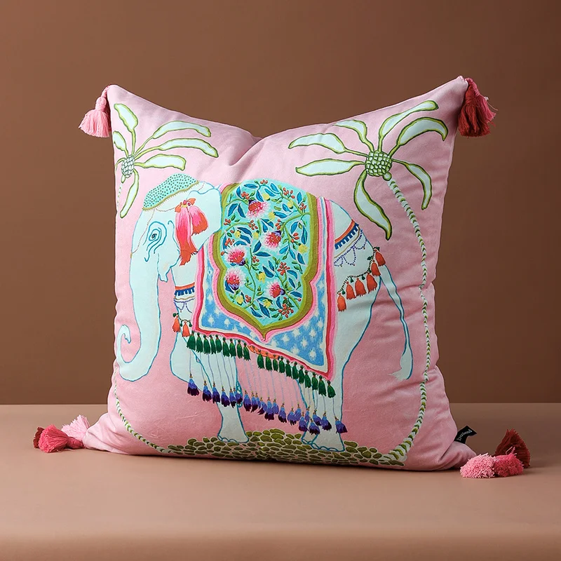 Throw Pillow Covers 18 X 18 Inches Decorative Elephant Cushion Case Soft Velvet With Cute Tassel Pink for Home Couch Sofa Bench